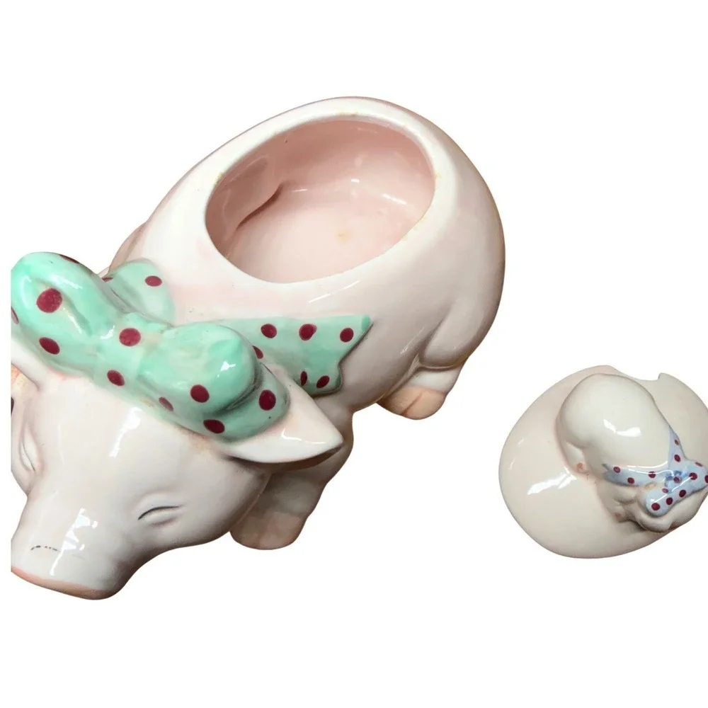 Vintage Pig Creamer and Sugar Bowl Set‎ Pink Ceramic Polka Dot Bows Farmhouse